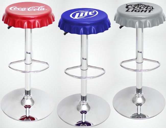 Bottle Cap Bar Stools - Coca-Cola, Miller Lite and Coors Light.