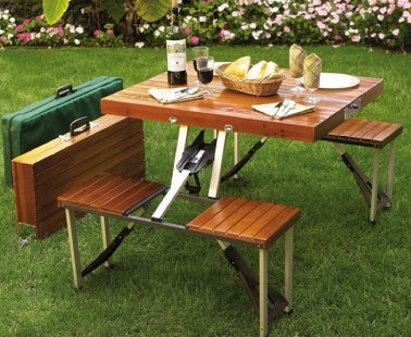 A Wooden Picnic Table That Folds Into A Carrying Case